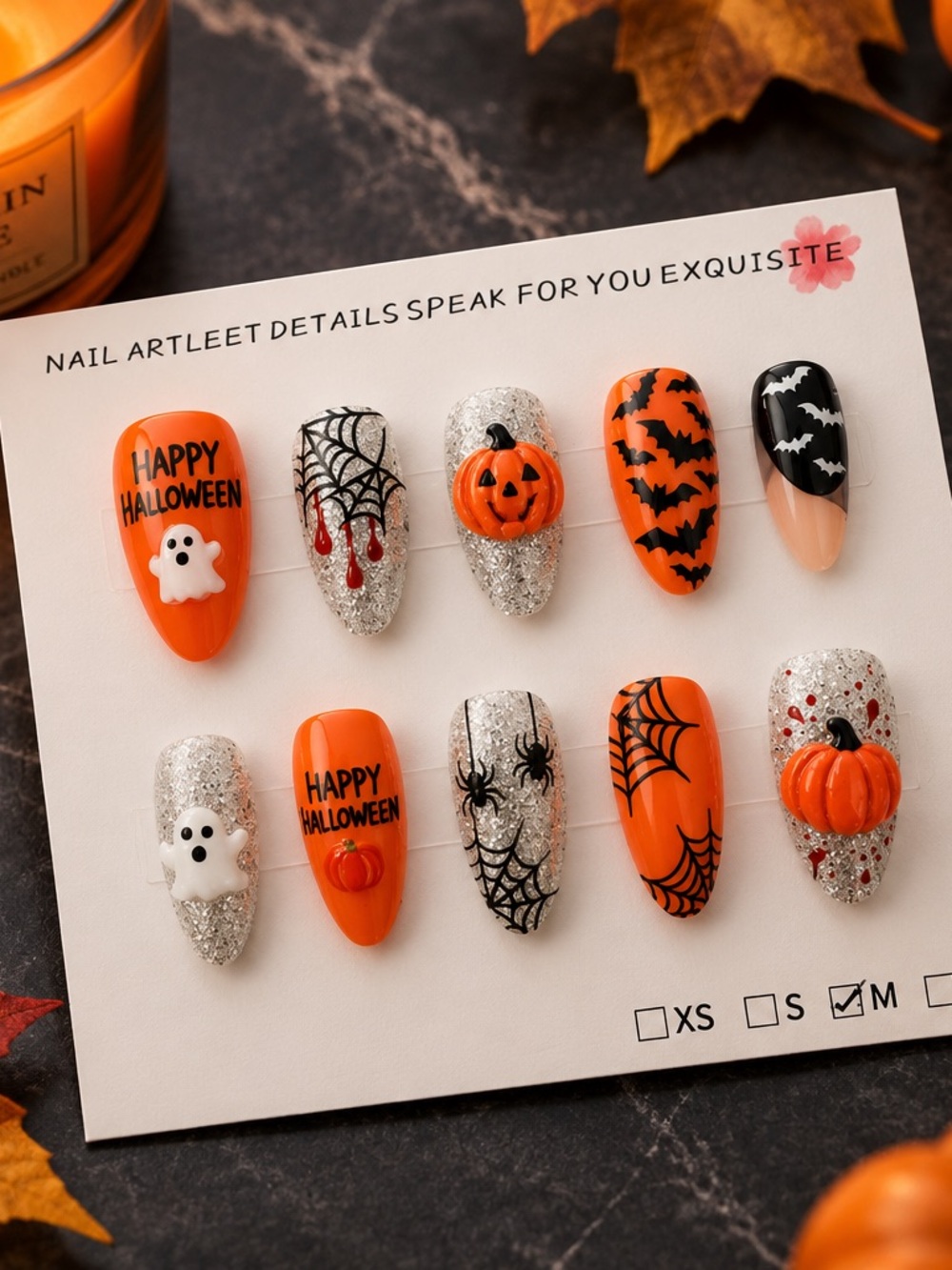 Halloween Orange and Silver Press-On Nails with Pumpkin & Spider Designs